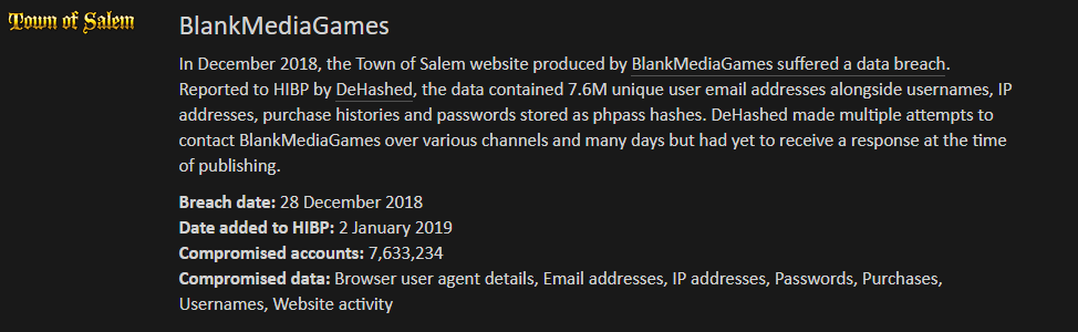 Town of Salem - informacja na HIBP